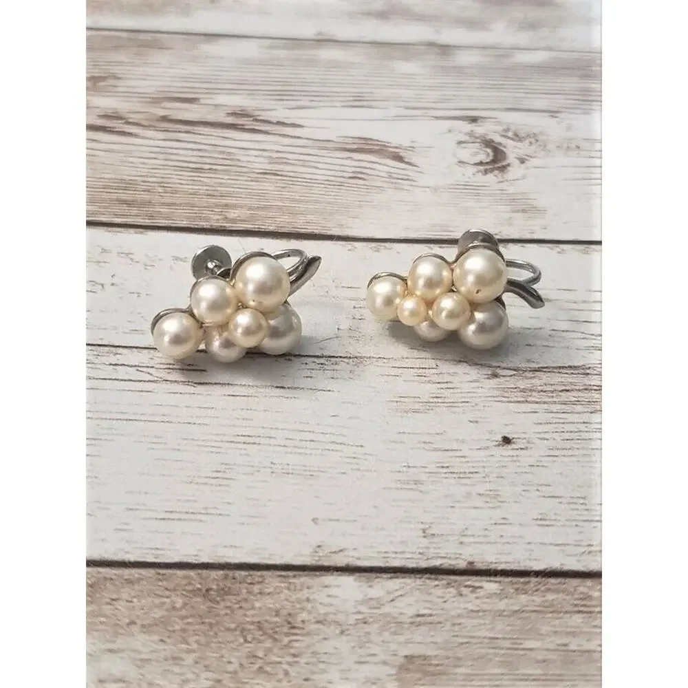 Vintage Screw Back Earrings Bunch of Faux Pearls - 1 Missing